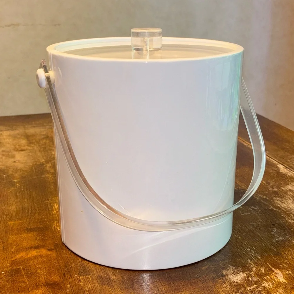 Vintage White Vinyl Ice Bucket with Lucite Handle and Lid